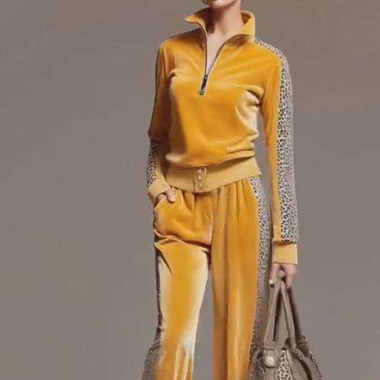 Survêtement en velours pour femme avec manches imprimées léopard