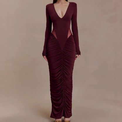 Robe longue moulante sexy à encolure en V et découpes froncées