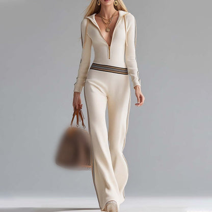 Combinaison-pantalon à capuche, col en V et fermeture éclair pour femme