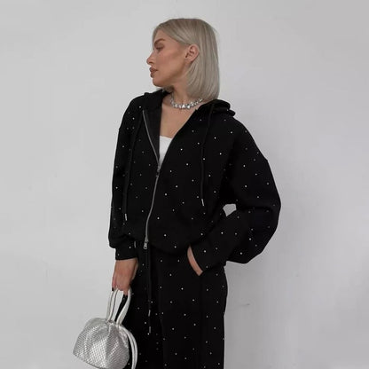 Ensemble 2 pièces pour femme : sweat à capuche zippé à pois et pantalon
