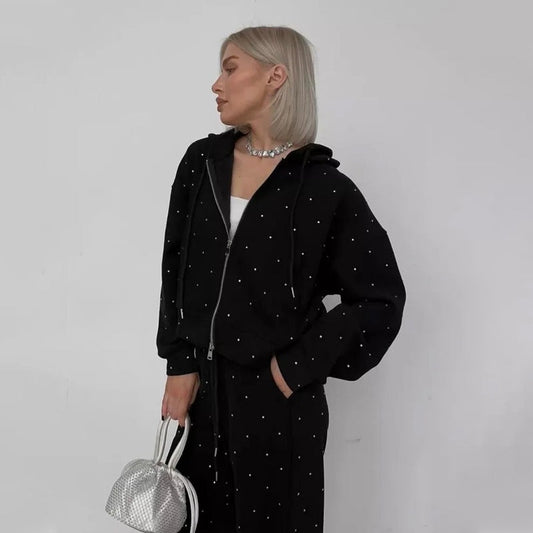 Ensemble 2 pièces pour femme : sweat à capuche zippé à pois et pantalon