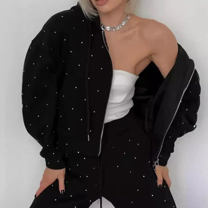 Ensemble 2 pièces pour femme : sweat à capuche zippé à pois et pantalon