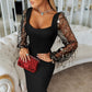 Robe moulante sexy à manches en maille pailletée et encolure carrée