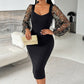 Robe moulante sexy à manches en maille pailletée et encolure carrée