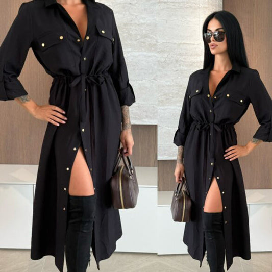 Robe chemise boutonnée avec cordon à la taille