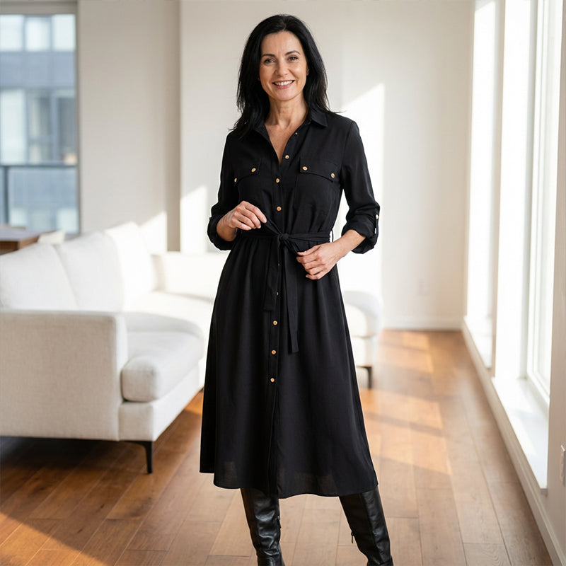 Robe chemise boutonnée avec cordon à la taille