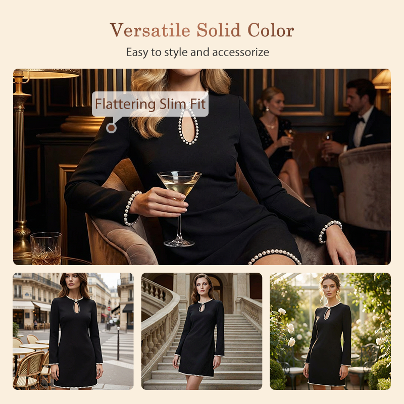 Robe fourreau courte femme à encolure ajourée avec finitions en perles