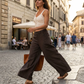 Pantalon décontracté taille haute à jambes larges pour femme