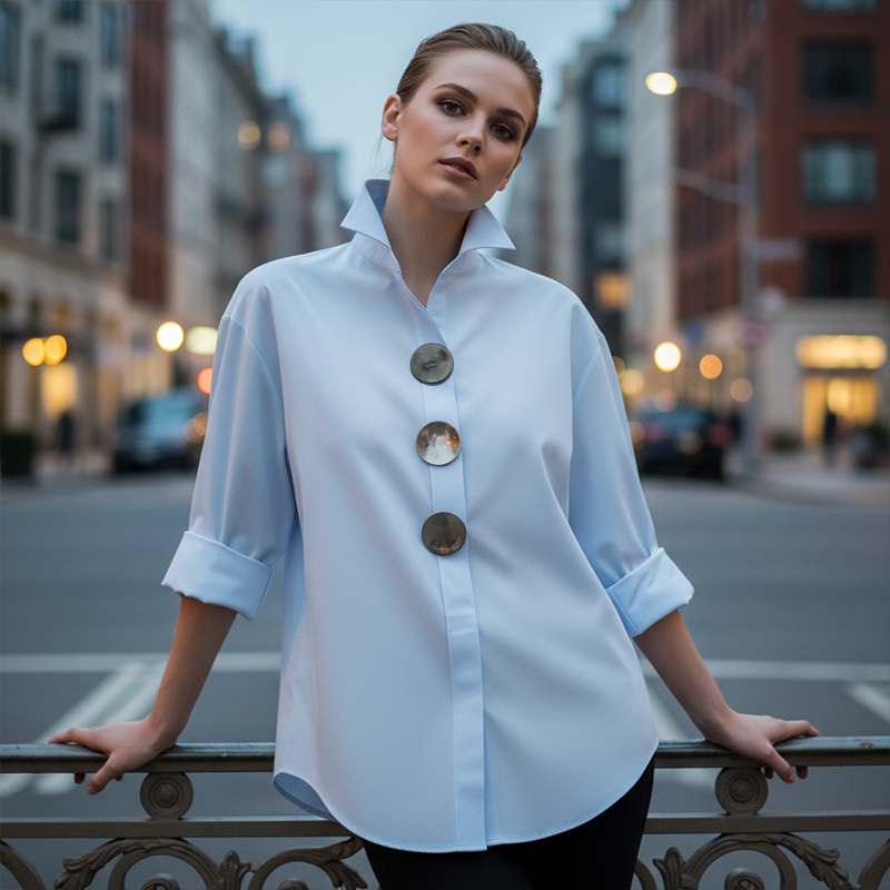 💎 58% DE RÉDUCTION – TEMPS LIMITÉ ! 💎 Chemise Oversize pour Femme avec Boutons Décoratifs – Col Montant, Ourlet Courbé & Polyester Anti-Froissement 👚✨