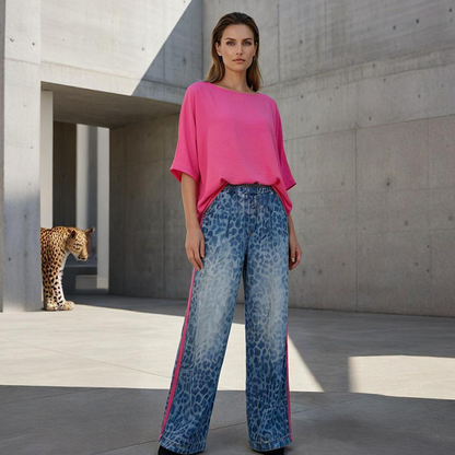 💎 53% DE RÉDUCTION ! 💎 Ensemble 2-Pièces Femme – Haut Rose Vif & Pantalon Léopard Bleu-Vert, Coupe Ample & Respirant (S à 5XL) 🐾💖