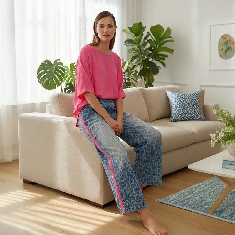 💎 53% DE RÉDUCTION ! 💎 Ensemble 2-Pièces Femme – Haut Rose Vif & Pantalon Léopard Bleu-Vert, Coupe Ample & Respirant (S à 5XL) 🐾💖