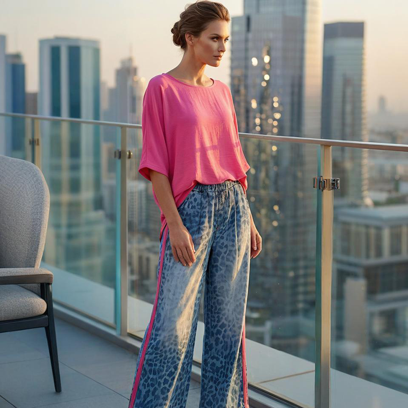 💎 53% DE RÉDUCTION ! 💎 Ensemble 2-Pièces Femme – Haut Rose Vif & Pantalon Léopard Bleu-Vert, Coupe Ample & Respirant (S à 5XL) 🐾💖