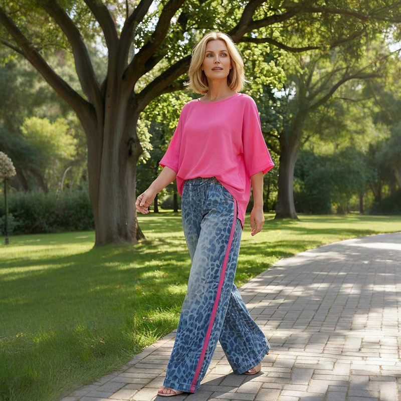 💎 53% DE RÉDUCTION ! 💎 Ensemble 2-Pièces Femme – Haut Rose Vif & Pantalon Léopard Bleu-Vert, Coupe Ample & Respirant (S à 5XL) 🐾💖