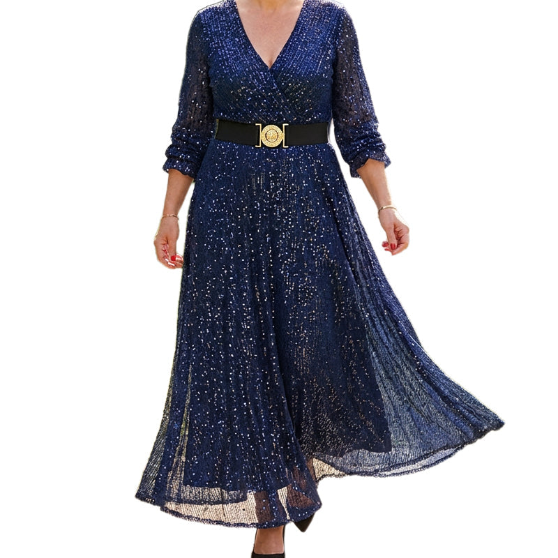Robe longue à paillettes et col en V pour femme