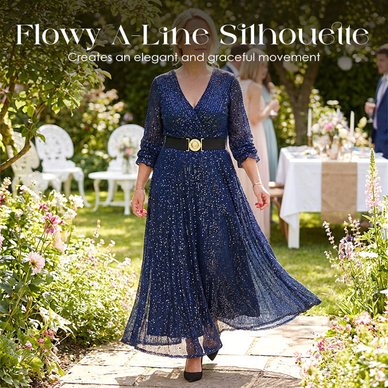 Robe longue à paillettes et col en V pour femme