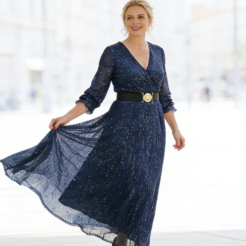 Robe longue à paillettes et col en V pour femme