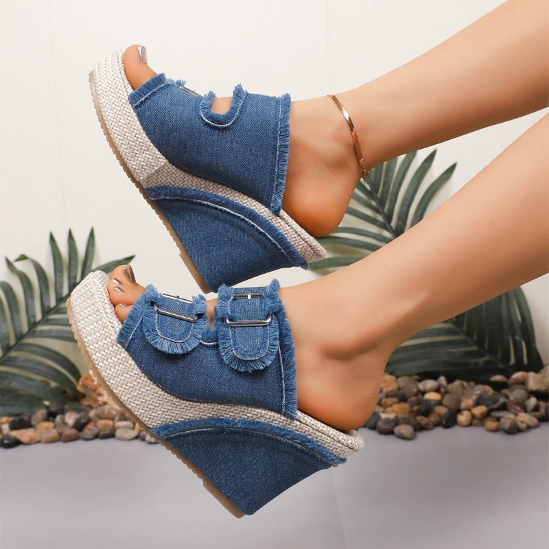 👡 SOLDES D'ÉTÉ 2026 🔥 Sandales compensées décontractées en jean pour femmes