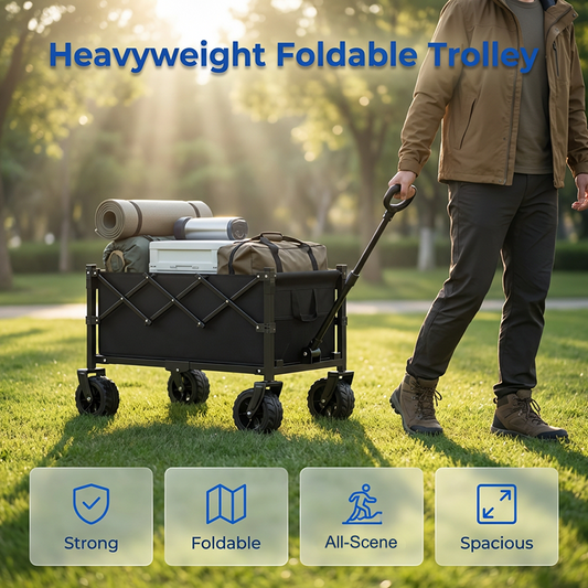 💯🛒 PROMO FLASH 50% ! Chariot Pliable de Transport Extérieur – Cadre Acier, Roues Détachables 360°, Capacité 80kg, 130L, 2 Tailles, Parfait pour Pique-Nique, Plage & Jardinage 🌿