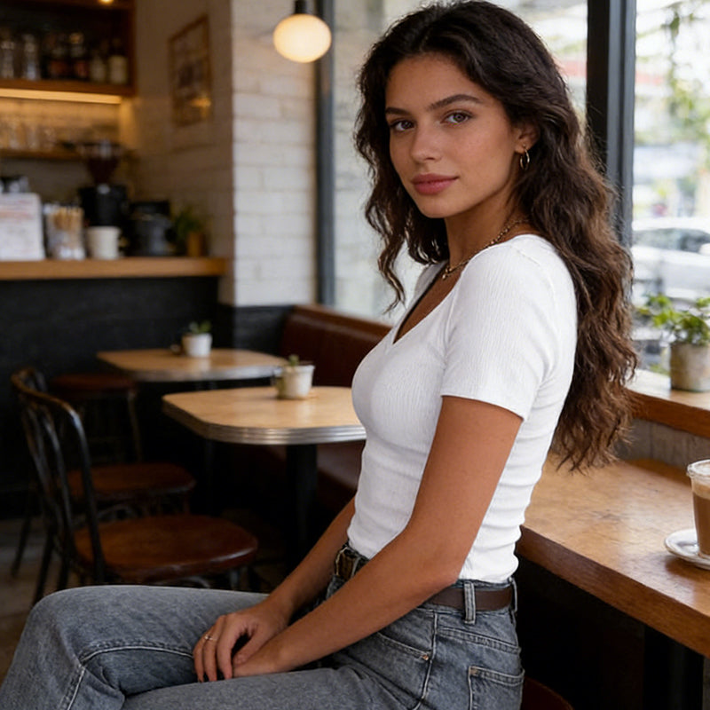 T-shirt basique à col en V et coupe ajustée pour femmes
