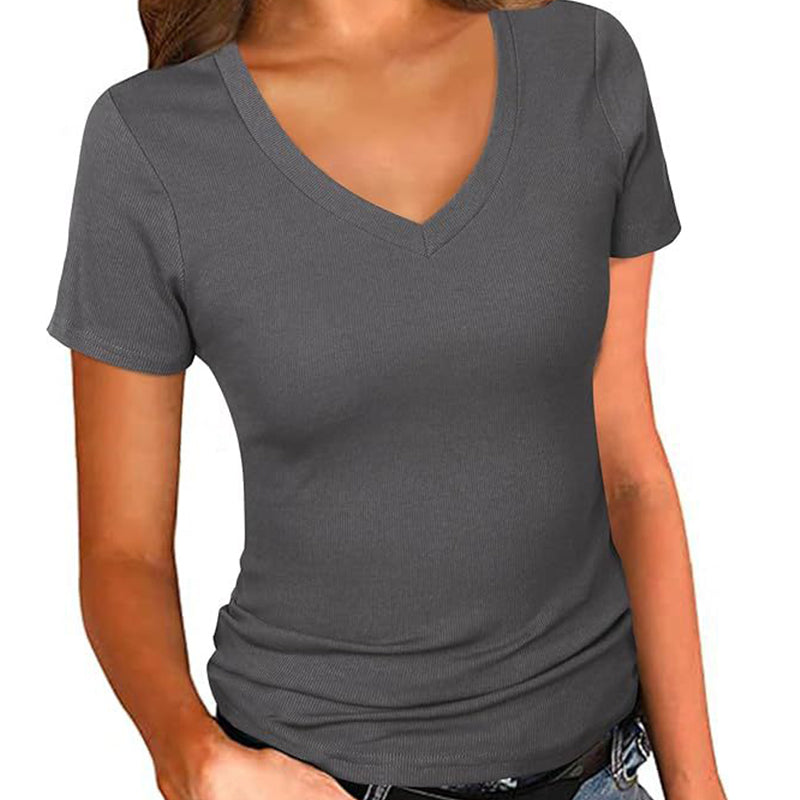 T-shirt basique à col en V et coupe ajustée pour femmes