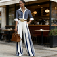 👔✨👖 PROMO LIMITÉE -50% ! Ensemble 2 Pièces Femme – Chemise Rayée & Pantalon Large, Tissu Respirant (Bleu/Noir, S-5XL)