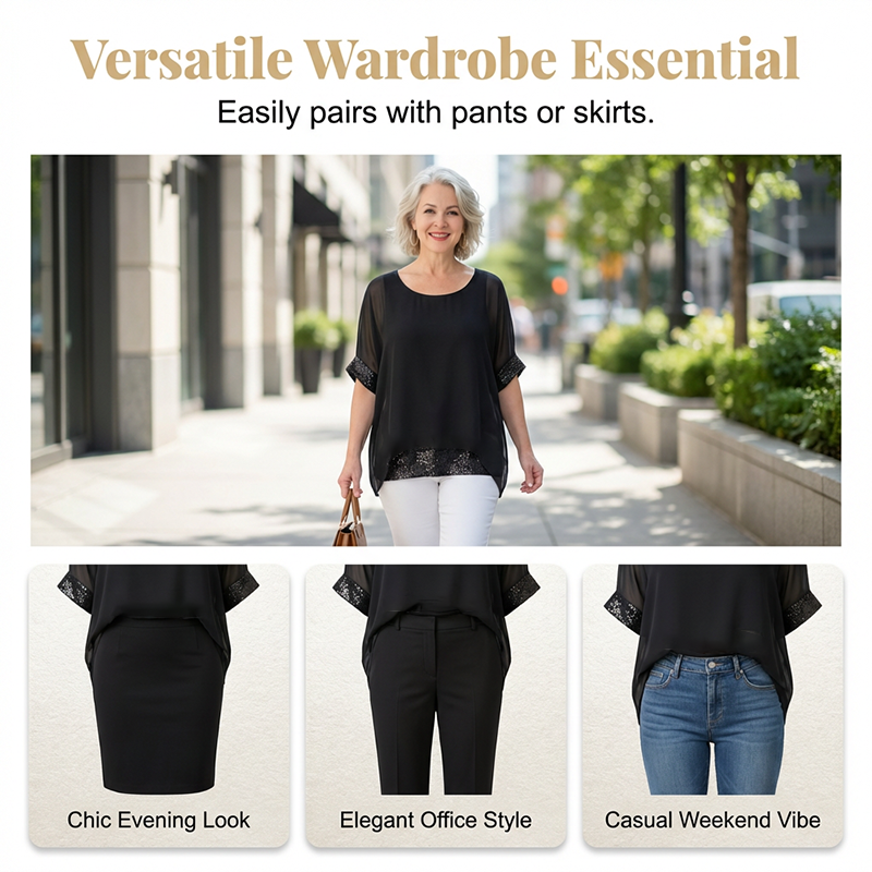 👚✨ Haut Décontracté à Col Rond pour Femme – Tissu Doux, Paillettes & 2 Couleurs (S-3XL)