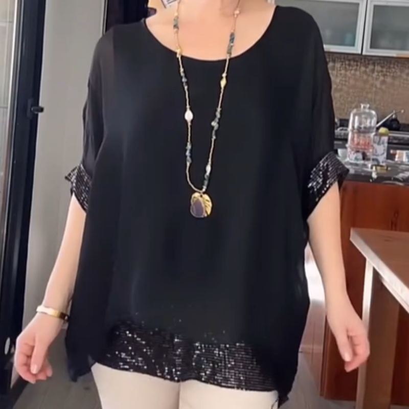 👚✨ Haut Décontracté à Col Rond pour Femme – Tissu Doux, Paillettes & 2 Couleurs (S-3XL)