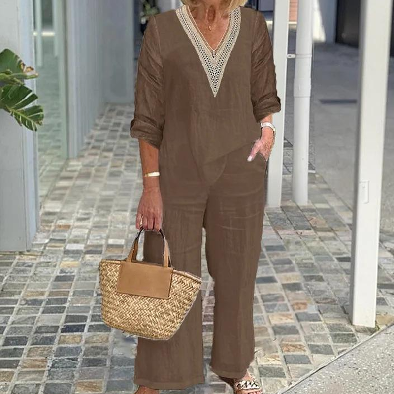 🔥Haut à col en V et pantalon à jambes larges pour femme✈️