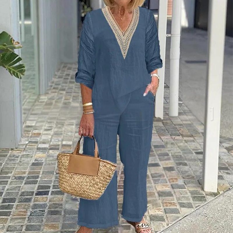 🔥Haut à col en V et pantalon à jambes larges pour femme✈️