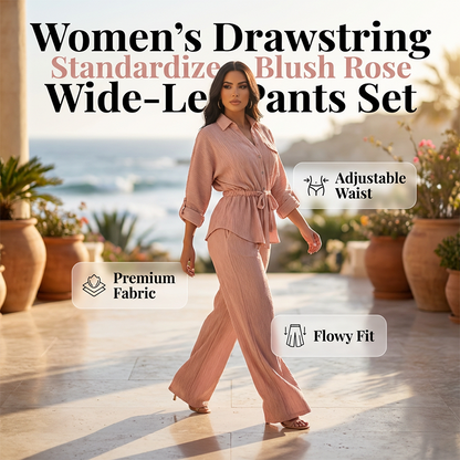 🎀 52 % DE RÉDUCTION MAINTENANT ! 👖 Ensemble chemise à cordon de serrage et pantalon large pour femme – taille ajustable, pantalon fluide et tissu texturé 🌿