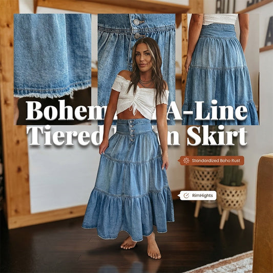 👗 PROMO LIMITÉE 63% DE RÉDUCTION ! ✨ Jupe Maxi Denim – Taille Haute, Évasée, Étagée ✨