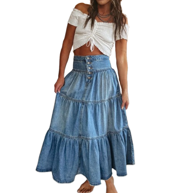 👗 PROMO LIMITÉE 63% DE RÉDUCTION ! ✨ Jupe Maxi Denim – Taille Haute, Évasée, Étagée ✨