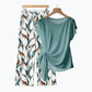 ⏰✨ PROMO FLASH 50% ! Ensemble Femme 2 Pièces – Haut à Nouer Côté & Pantalon Motif Botanique, Tissu Doux & Respirant, Style Chic Décontracté pour Maison & Sorties 🌿