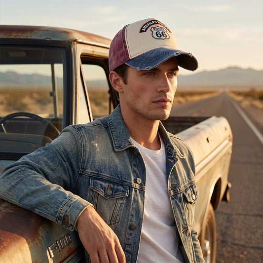 💐 PROMO EXCEPTIONNELLE -50% ! Casquette Moto Vintage Route 66 – Jean délavé, Double coutures 🧥✨ 【Qualité Premium】