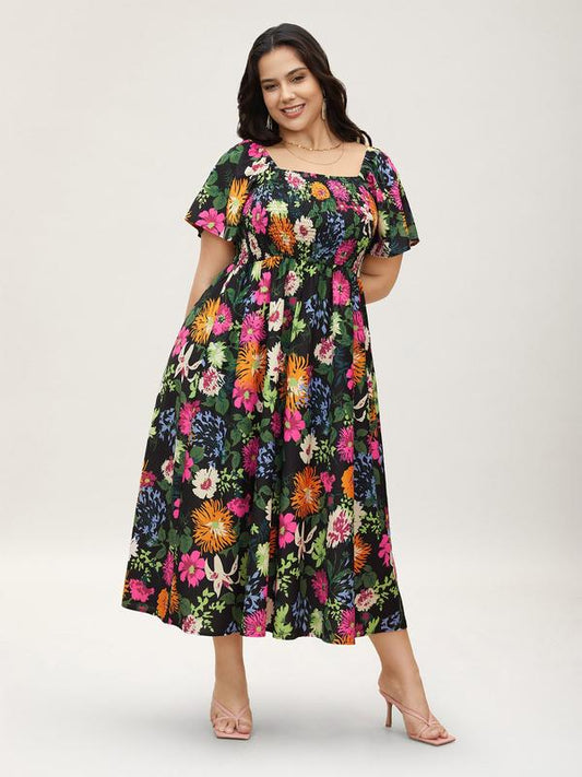 ⏰Soldes d'été : 67 % de réduction💃Robe midi à fleurs, col carré et smocks, avec poches