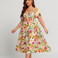 ⏰Soldes d'été : 67 % de réduction💃Robe midi à fleurs, col carré et smocks, avec poches