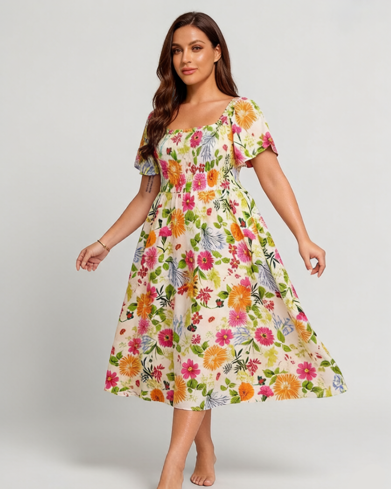 ⏰Soldes d'été : 67 % de réduction💃Robe midi à fleurs, col carré et smocks, avec poches