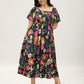 ⏰Soldes d'été : 67 % de réduction💃Robe midi à fleurs, col carré et smocks, avec poches