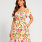 ⏰Soldes d'été : 67 % de réduction💃Robe midi à fleurs, col carré et smocks, avec poches