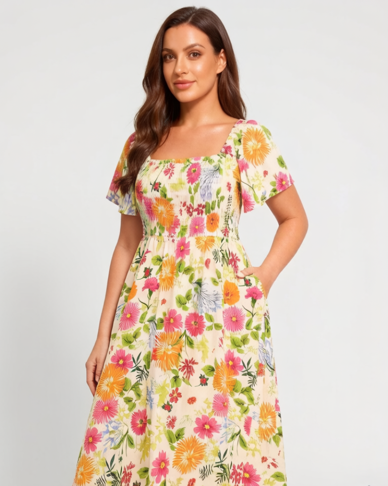 ⏰Soldes d'été : 67 % de réduction💃Robe midi à fleurs, col carré et smocks, avec poches