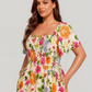 ⏰Soldes d'été : 67 % de réduction💃Robe midi à fleurs, col carré et smocks, avec poches