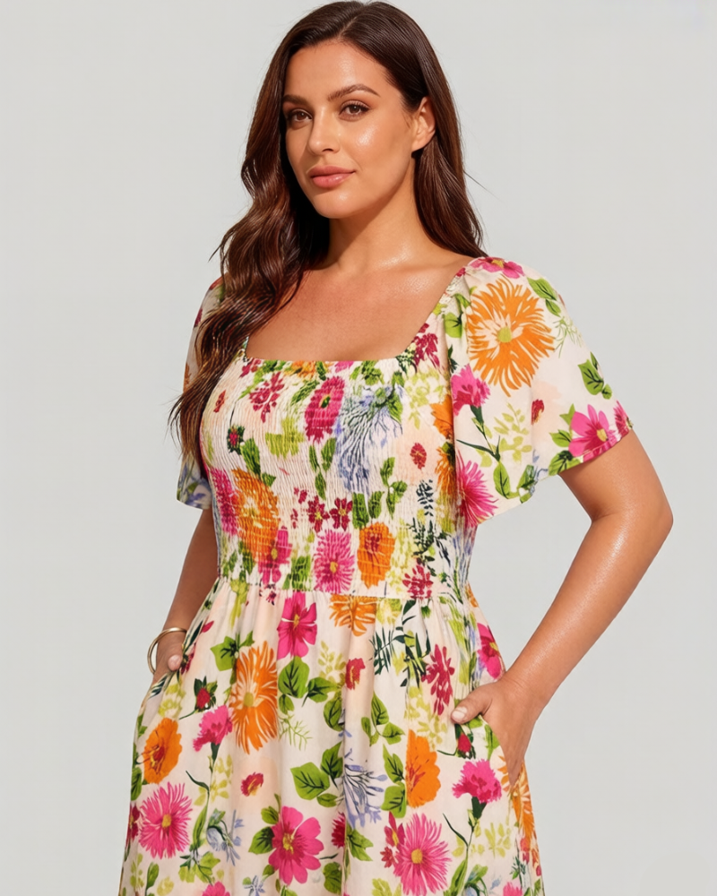 ⏰Soldes d'été : 67 % de réduction💃Robe midi à fleurs, col carré et smocks, avec poches