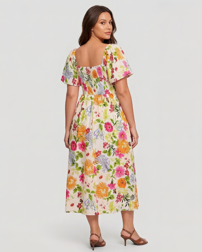 ⏰Soldes d'été : 67 % de réduction💃Robe midi à fleurs, col carré et smocks, avec poches