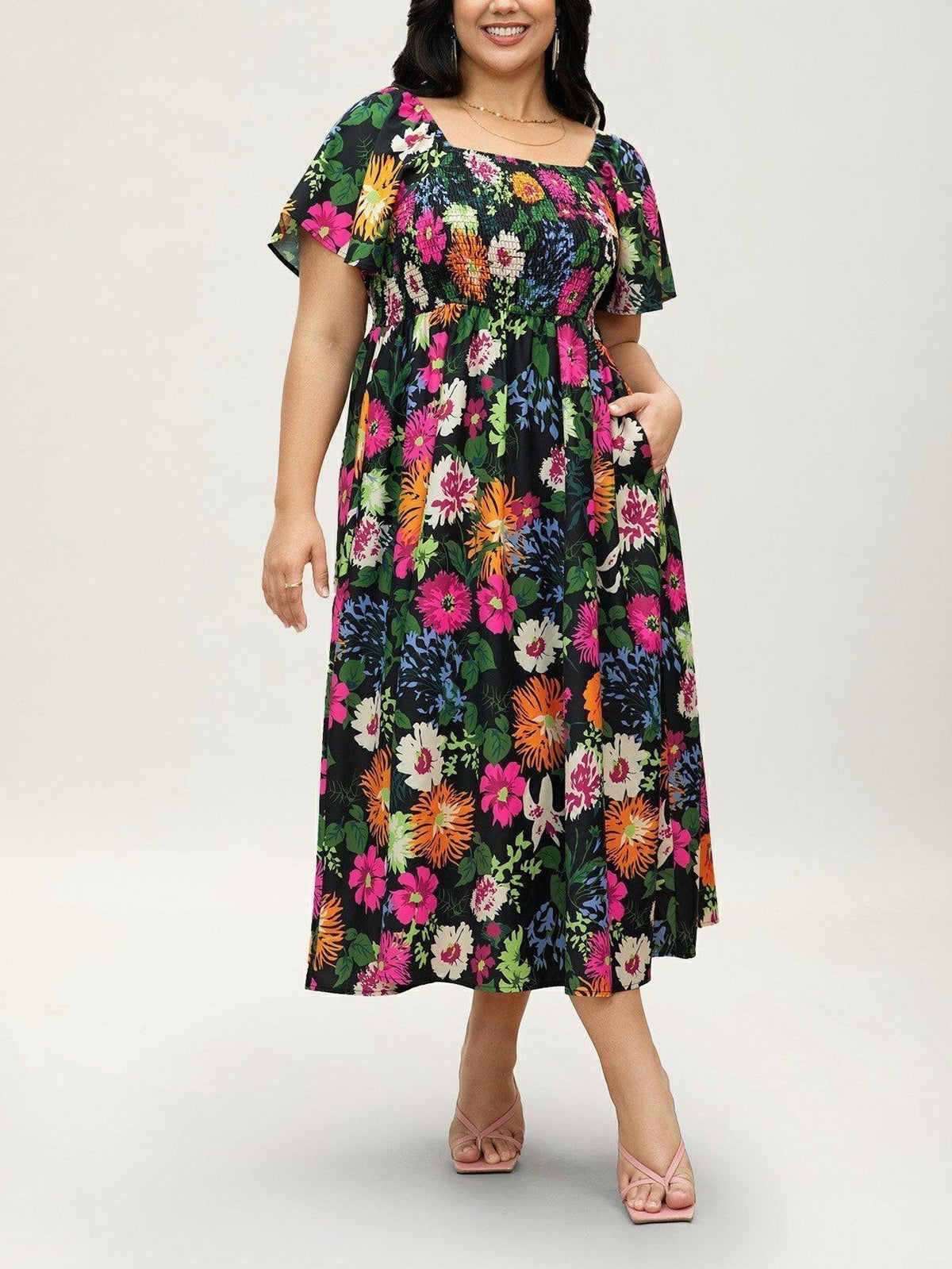 ⏰Soldes d'été : 67 % de réduction💃Robe midi à fleurs, col carré et smocks, avec poches