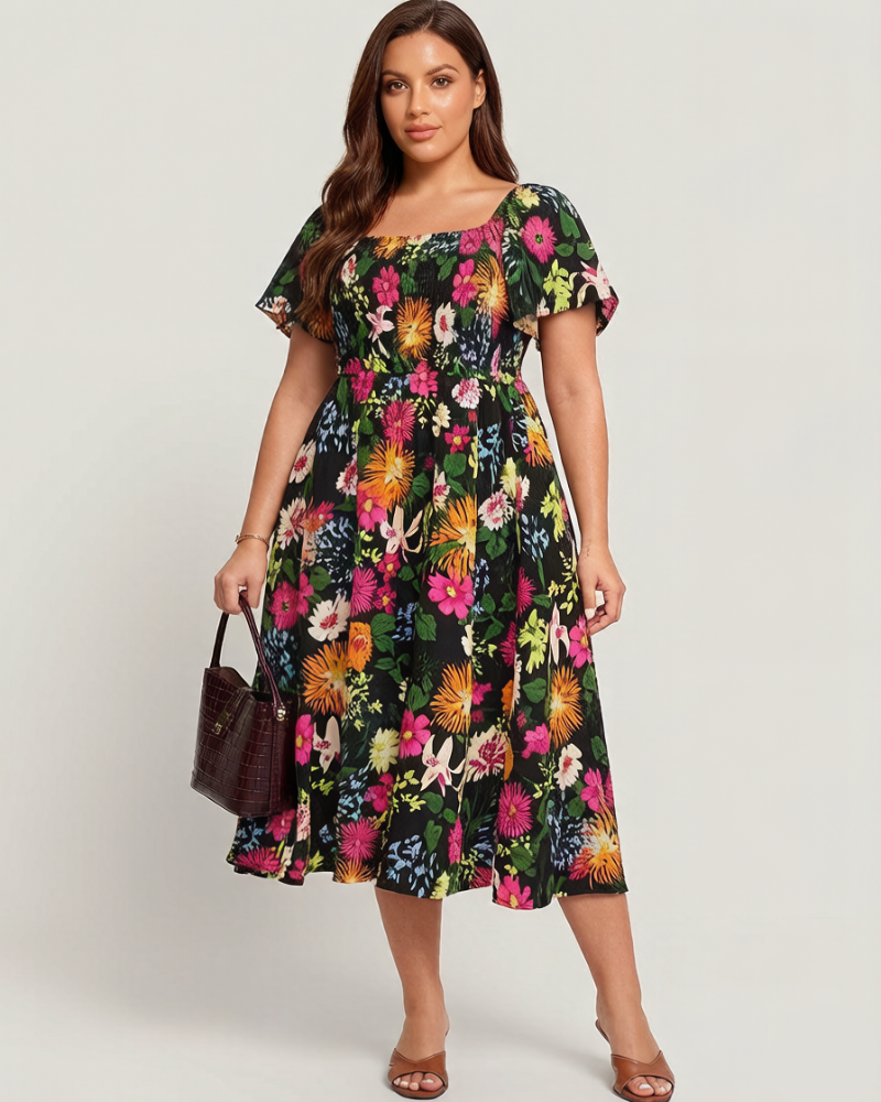 ⏰Soldes d'été : 67 % de réduction💃Robe midi à fleurs, col carré et smocks, avec poches