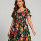 ⏰Soldes d'été : 67 % de réduction💃Robe midi à fleurs, col carré et smocks, avec poches