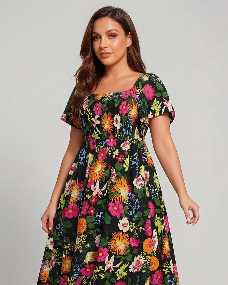⏰Soldes d'été : 67 % de réduction💃Robe midi à fleurs, col carré et smocks, avec poches