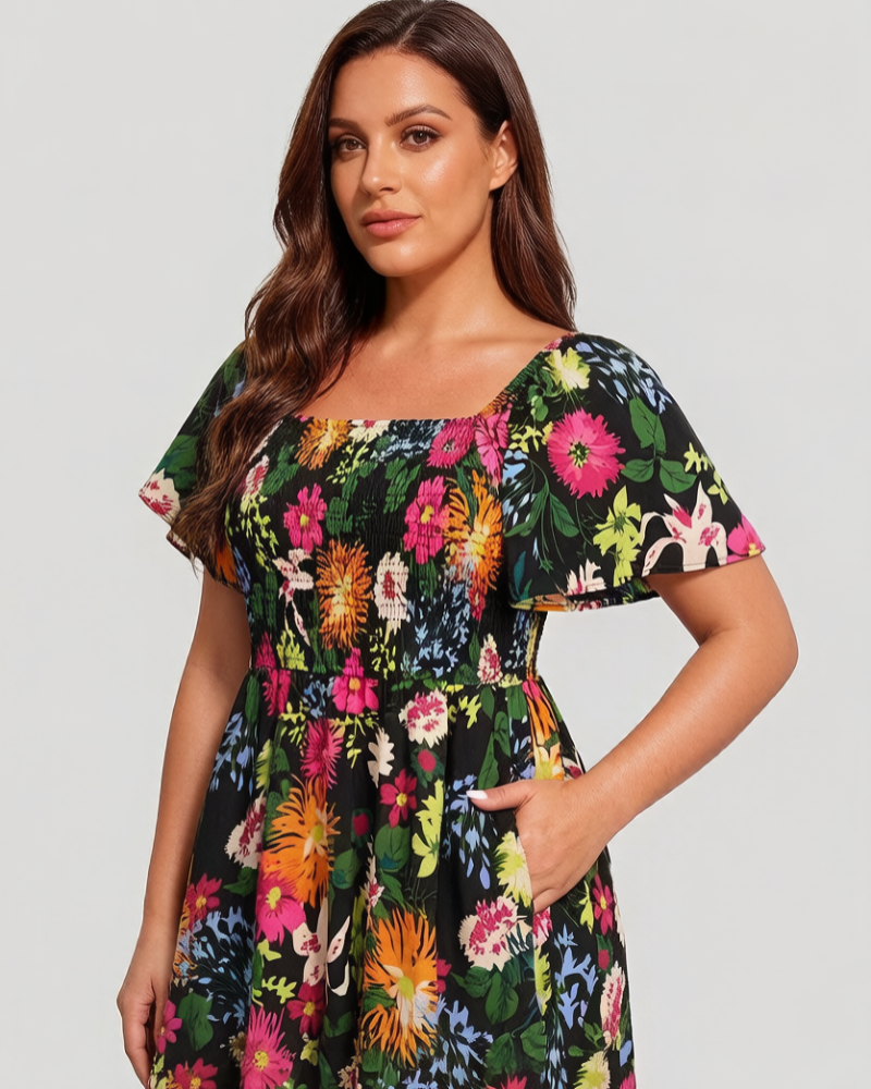 ⏰Soldes d'été : 67 % de réduction💃Robe midi à fleurs, col carré et smocks, avec poches