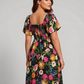 ⏰Soldes d'été : 67 % de réduction💃Robe midi à fleurs, col carré et smocks, avec poches