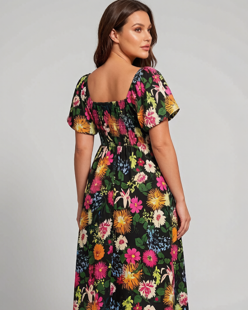 ⏰Soldes d'été : 67 % de réduction💃Robe midi à fleurs, col carré et smocks, avec poches
